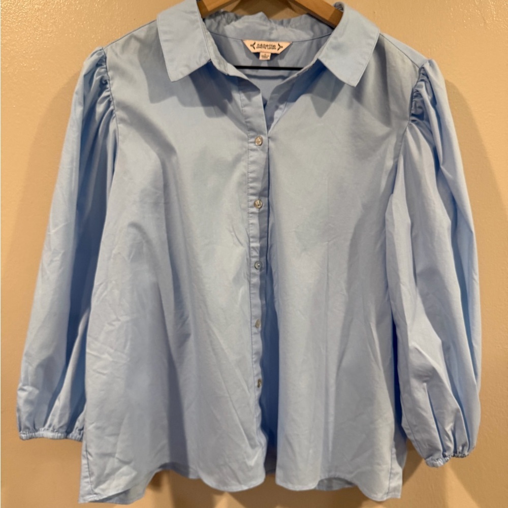 Nanette Lenore Sky Blue Button Down Puff Sleeves Shirt size Large